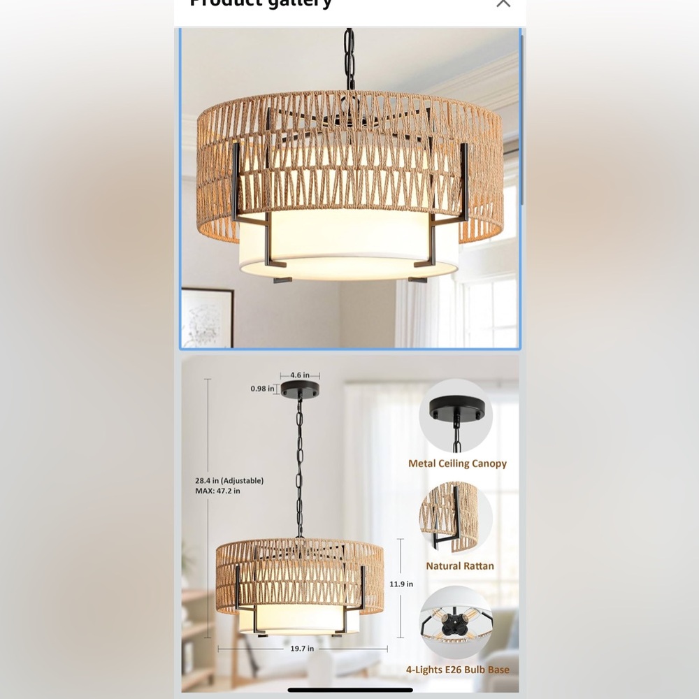 Boho Rattan Chandelier, 19.7" Rattan Pendant Light with Fabric Shade